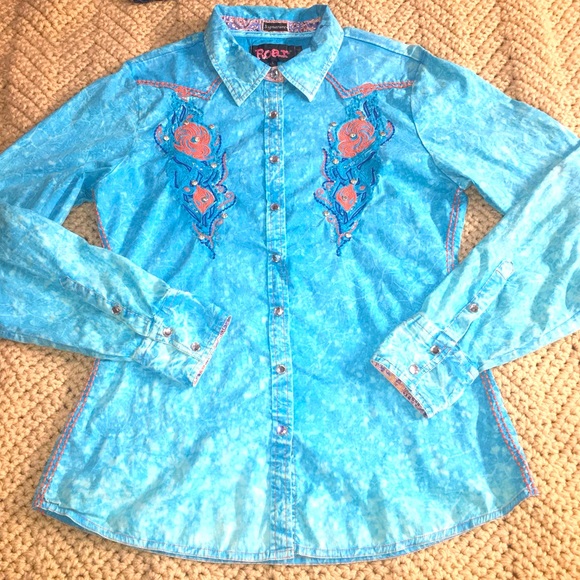 ROAR Embellished Blue & Orange Western Shirt Large - Picture 16 of 16